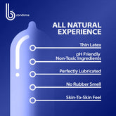 A graphical image of bCondoms' Platinum Large Condoms with the text highlights: "All Natural Experience" and features listed: Thin Latex, pH Friendly Non-Toxic Ingredients, Perfectly Lubricated, No Rubber Smell, Skin-To-Skin Feel. The brand's logo is in the top left corner. Perfect for those seeking odor-free condoms.